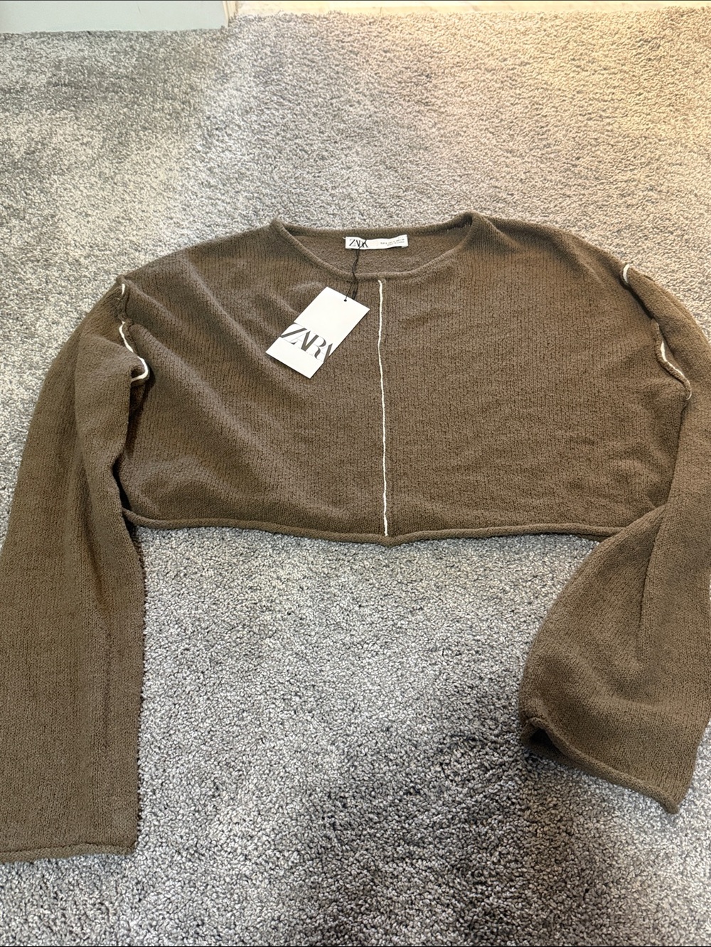 Zara Brown Crop Knit Long Sleeve Top